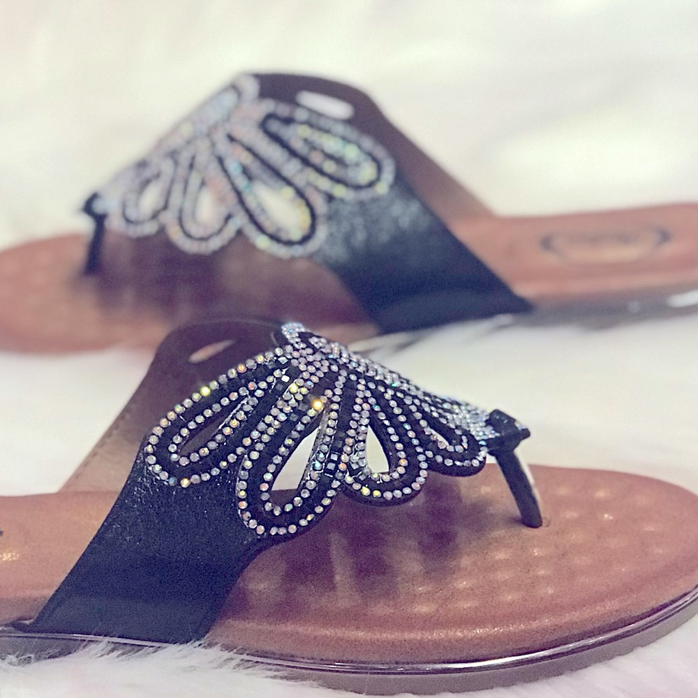 Last Chance BUTTERFLY Black AB Rhinestone Woven Bling Padded Slide Sandals 5.5 6 - Picture 4 of 10